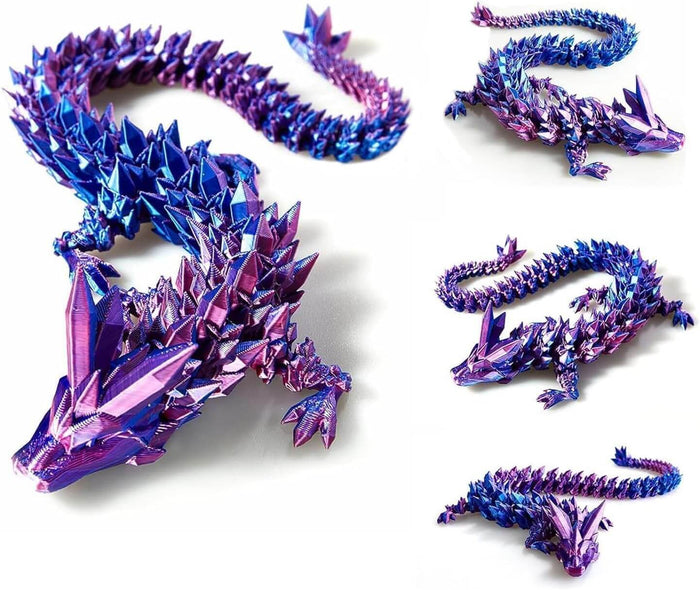 Articulated 3D-printed crystal dragon toy in iridescent purple and blue, shown in four poses on a white background.