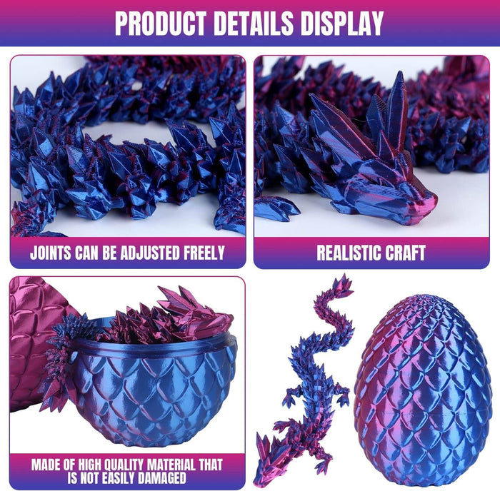 Iridescent blue and purple 3D printed articulated dragon and matching scaly egg shown in four detailed close-up panels.