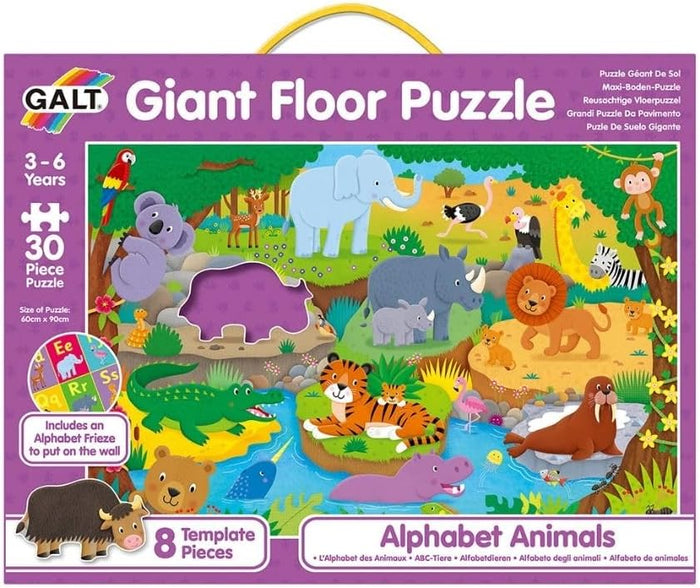 Purple Galt puzzle box showing a colorful animal scene with an elephant, lion, tiger, crocodile, and monkey.