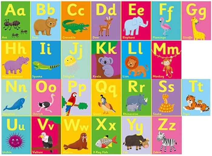 Alphabet grid with colorful squares featuring letters A-Z and matching animal illustrations like a bear and zebra.