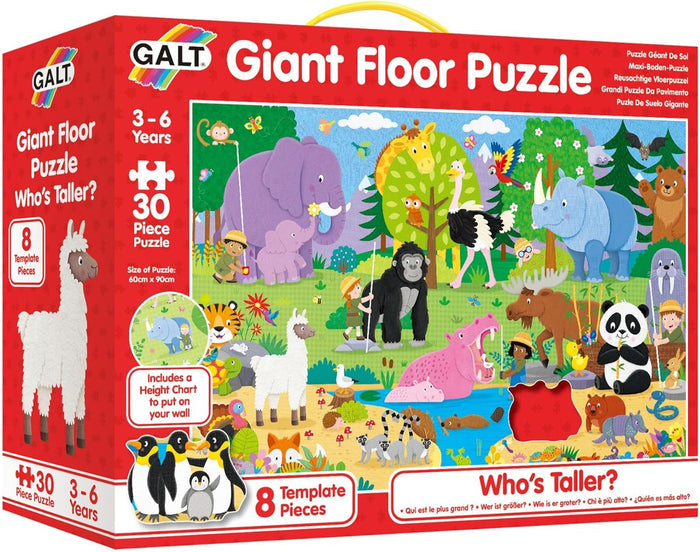Red box with yellow handle showing a cartoon jungle puzzle where children measure an elephant, giraffe, and gorilla.