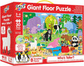 Red box with yellow handle showing a cartoon jungle puzzle where children measure an elephant, giraffe, and gorilla.
