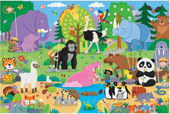 Colorful cartoon illustration of children measuring animals like a purple elephant, yellow giraffe, and blue rhino.