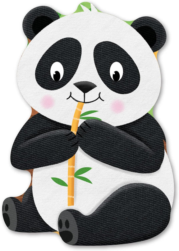 Shaped puzzle piece showing a cartoon panda with pink cheeks holding an orange bamboo stalk with green leaves.