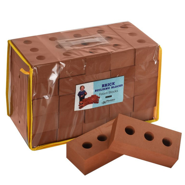 Terracotta foam bricks with three holes in a clear yellow-trimmed storage bag with two blocks in the foreground.