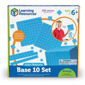Box for math kit with blue magnetic squares, rods, and units. Photo shows a child using them on a whiteboard.