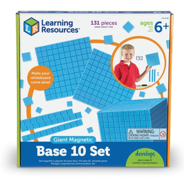 Box for math kit with blue magnetic squares, rods, and units. Photo shows a child using them on a whiteboard.