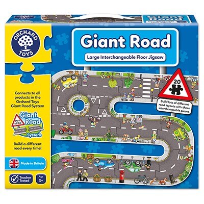Blue Orchard Toys box showing a 20-piece floor puzzle of a winding grey road with colorful cars and street scenes.