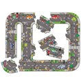 Interlocking floor puzzle pieces forming a grey road track with colorful cars, green scenery, and crosswalks.