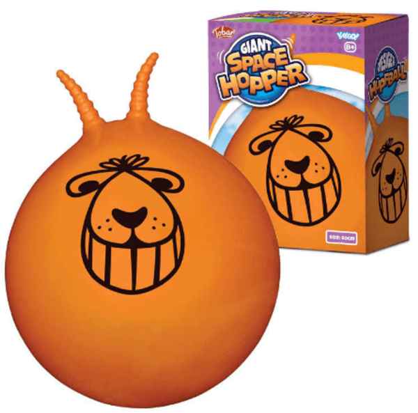 Orange inflatable ball with a smiling black cartoon face and two ridged handles, shown next to its product box.
