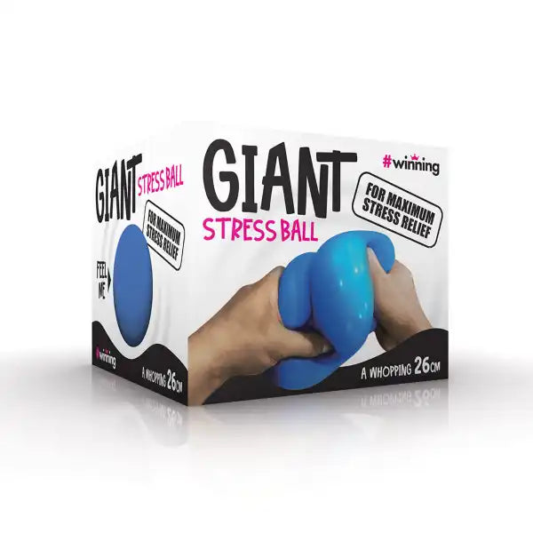 White box with black and pink text showing hands squeezing a large blue squishy ball, labeled as whopping 26cm.