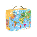 Yellow carrying case for a 300-piece puzzle featuring a colorful world map illustration with animals and landmarks.