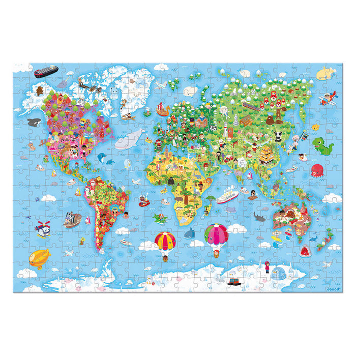 Cartoon world map jigsaw puzzle with colorful continents and illustrations of animals, people, and landmarks.