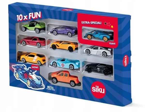 Blue Siku box with transparent windows showing 10 colorful metal toy cars like a green buggy, orange truck, and sports cars.
