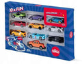 Blue Siku box with transparent windows showing 10 colorful metal toy cars like a green buggy, orange truck, and sports cars.