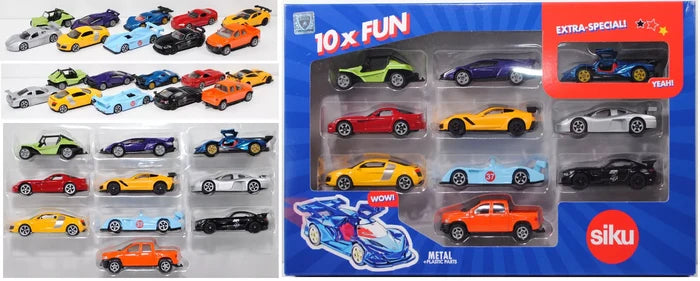 Assorted colorful toy sports cars and a truck, shown in and out of blue Siku 10x FUN gift packaging.