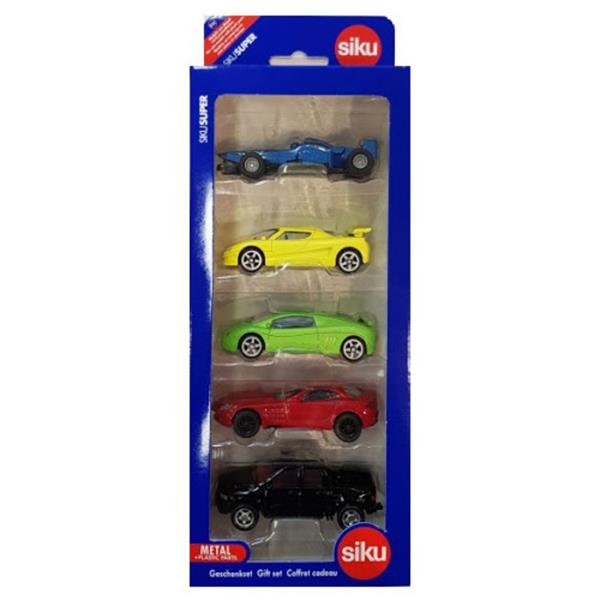 Five Siku toy cars—blue racer, yellow, green, red sports cars, and black SUV—inside a blue branded windowed gift box.