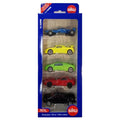 Five Siku toy cars—blue racer, yellow, green, red sports cars, and black SUV—inside a blue branded windowed gift box.