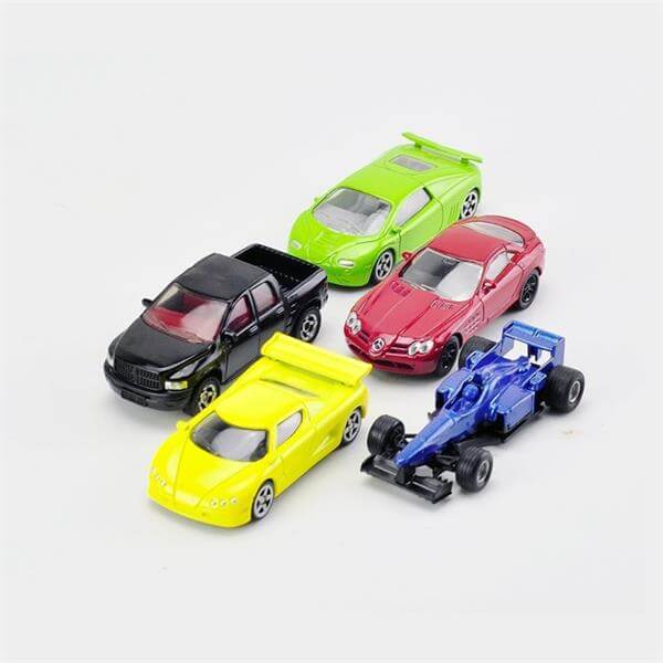 Five toy cars: a lime green sports car, red Mercedes, black pickup truck, yellow Ferrari, and a blue racing car.
