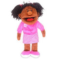 Brown-skinned girl hand puppet with black pigtails, pink star shirt, striped skirt, and an open smiling mouth.
