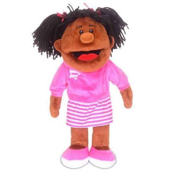 Brown-skinned girl hand puppet with black pigtails, pink star shirt, striped skirt, and an open smiling mouth.