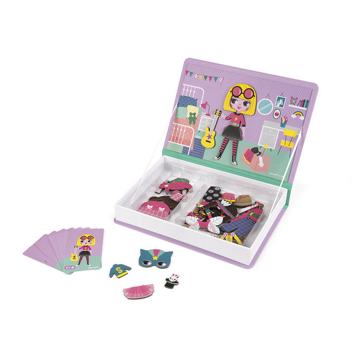 Purple book-style magnetic set with girl character, various dress-up costume pieces, and illustrated outfit cards.