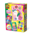Yellow craft box showing bead art of a unicorn and mermaid with six circular containers of colorful beads.