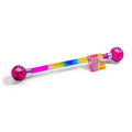 Rainbow liquid glitter baton with bright pink spherical ends and a clear tube, featuring a colorful product tag.