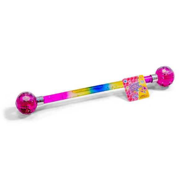 Rainbow liquid glitter baton with bright pink spherical ends and a clear tube, featuring a colorful product tag.