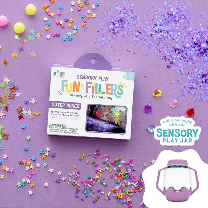 Outer Space themed box surrounded by colorful star confetti and glitter on a purple background with a play jar inset.