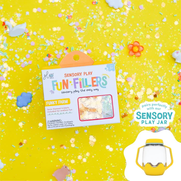 Glo Pals Fun Fillers sensory kit box on yellow background with confetti, farm animal toys, and play jar callout.