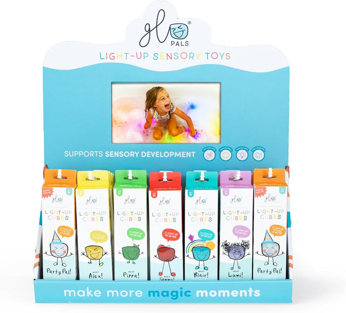 Retail display for Glo Pals Light-Up Sensory Toys featuring seven colorful character boxes, including red Sammy.