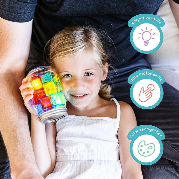 Child holding a jar of glowing red, yellow, and blue cubes. Icons list cognitive, motor, and color recognition skills.