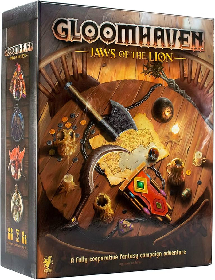 Board game box art depicting fantasy weapons, a map, and coins on a round wooden table under warm candle glow.