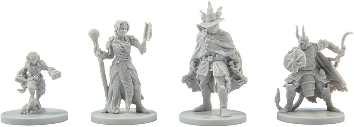 Four unpainted grey plastic fantasy miniatures on round bases, showcasing detailed armor, weapons, and robes.