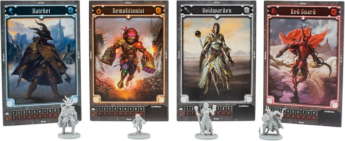 Four fantasy character cards in blue, orange, white, and red with matching grey plastic miniatures.