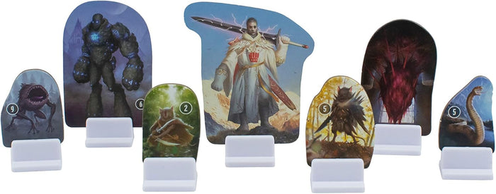 Seven colorful fantasy character cardboard standees with white plastic bases, featuring various monsters and a hero.