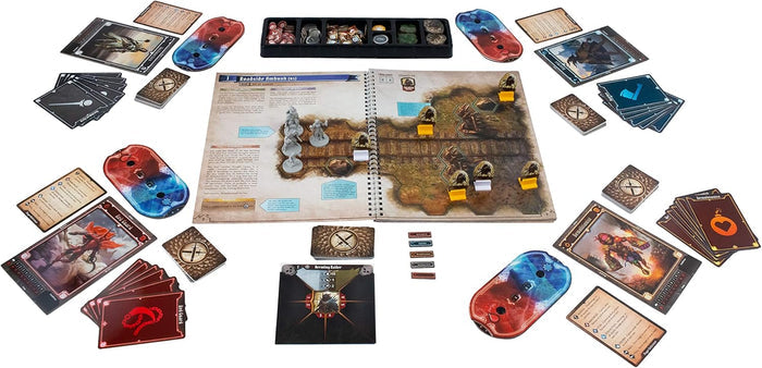 Tabletop game set up with an open map book, illustrated cards, plastic miniatures, and colorful health tracking dials.