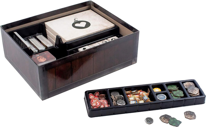 Open board game box with black organizers holding cards, tiles, and a separate tray filled with colorful tokens.