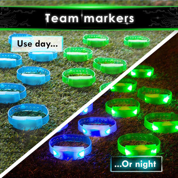 Blue and green LED team marker bracelets shown during the day and glowing at night on grass.