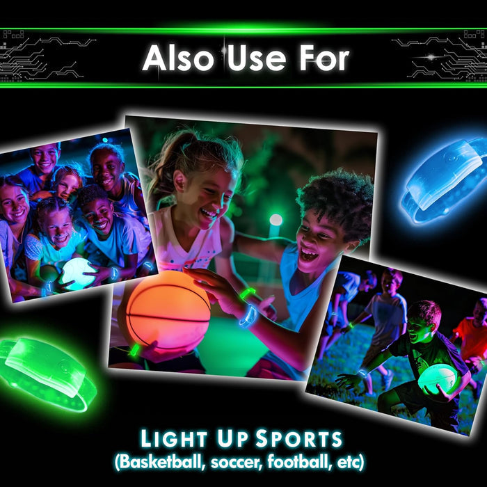 Children wearing glowing green and blue bracelets while playing nighttime sports with light-up balls.