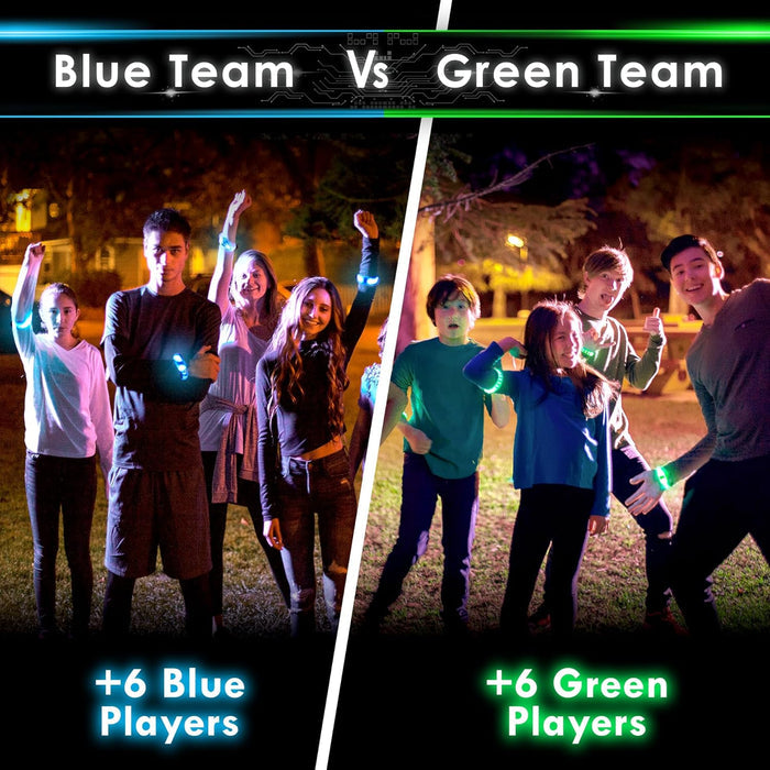 Two teams of kids wearing glowing blue and green bracelets at night to identify team members.