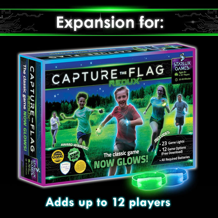 Capture the Flag REDUX expansion box with glowing green and blue LED wristbands. Adds up to 12 players.