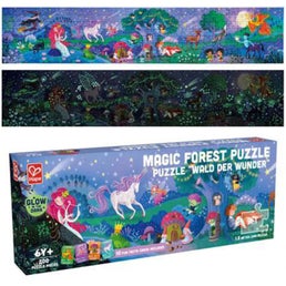 Colorful puzzle box with a unicorn and mermaid below panoramic views in daylight and neon green glow-in-the-dark.