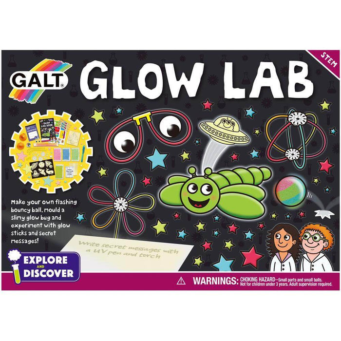 Black Galt box with neon green bug, UFO, and glasses graphics, large white GLOW LAB text, and a STEM logo.