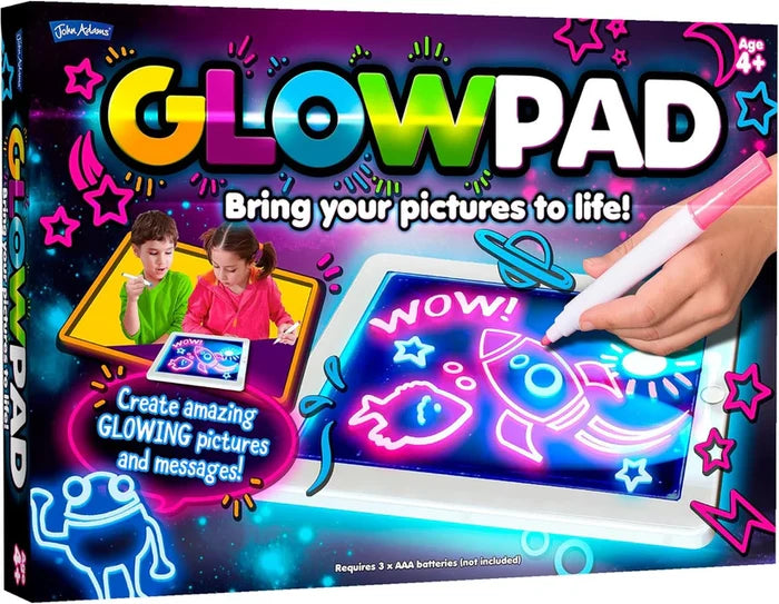 John Adams Glow Pad box showing a white light-up drawing tablet with neon doodles of a rocket, fish, and stars.