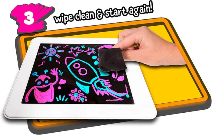 Hand wiping neon pink and blue drawings off a white tablet-style screen with a black cloth to show its reusable surface.