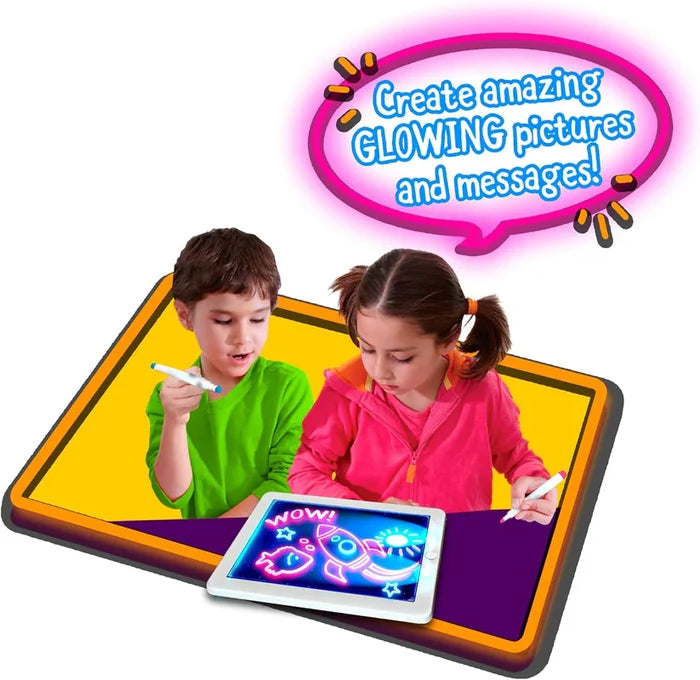 Two children drawing a neon rocket on a glowing pad with white markers, beneath a bright pink speech bubble.