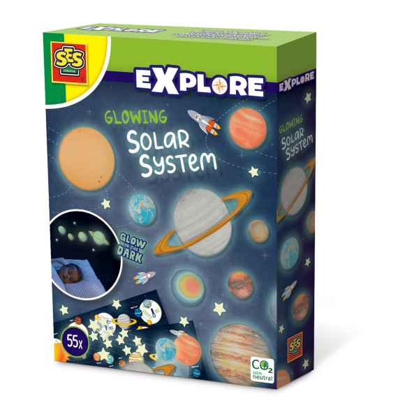 SES Explore box with green and blue space-themed packaging, colorful planets, and a glow-in-the-dark bedroom preview.