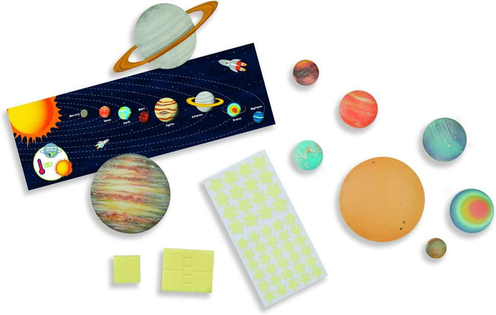 Colorful planet cutouts, a dark blue star chart banner, star stickers, and adhesive pads on a white background.
